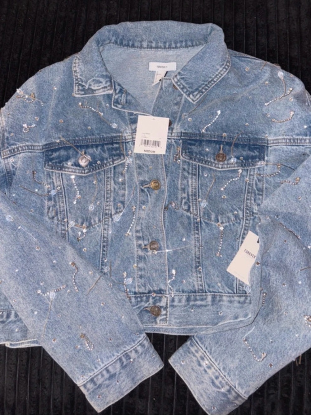 Forever 21 Light Wash Denim Jacket with Sparkling Embellishments NWT